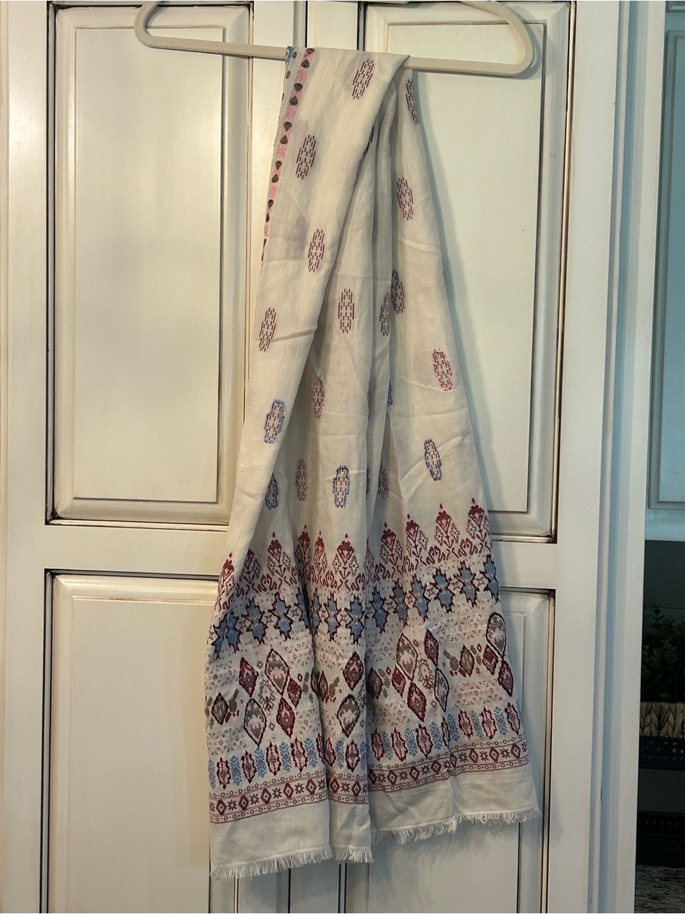 J. Jill Cream Scarf with Burgundy, Pink, and Blue Geometric Border